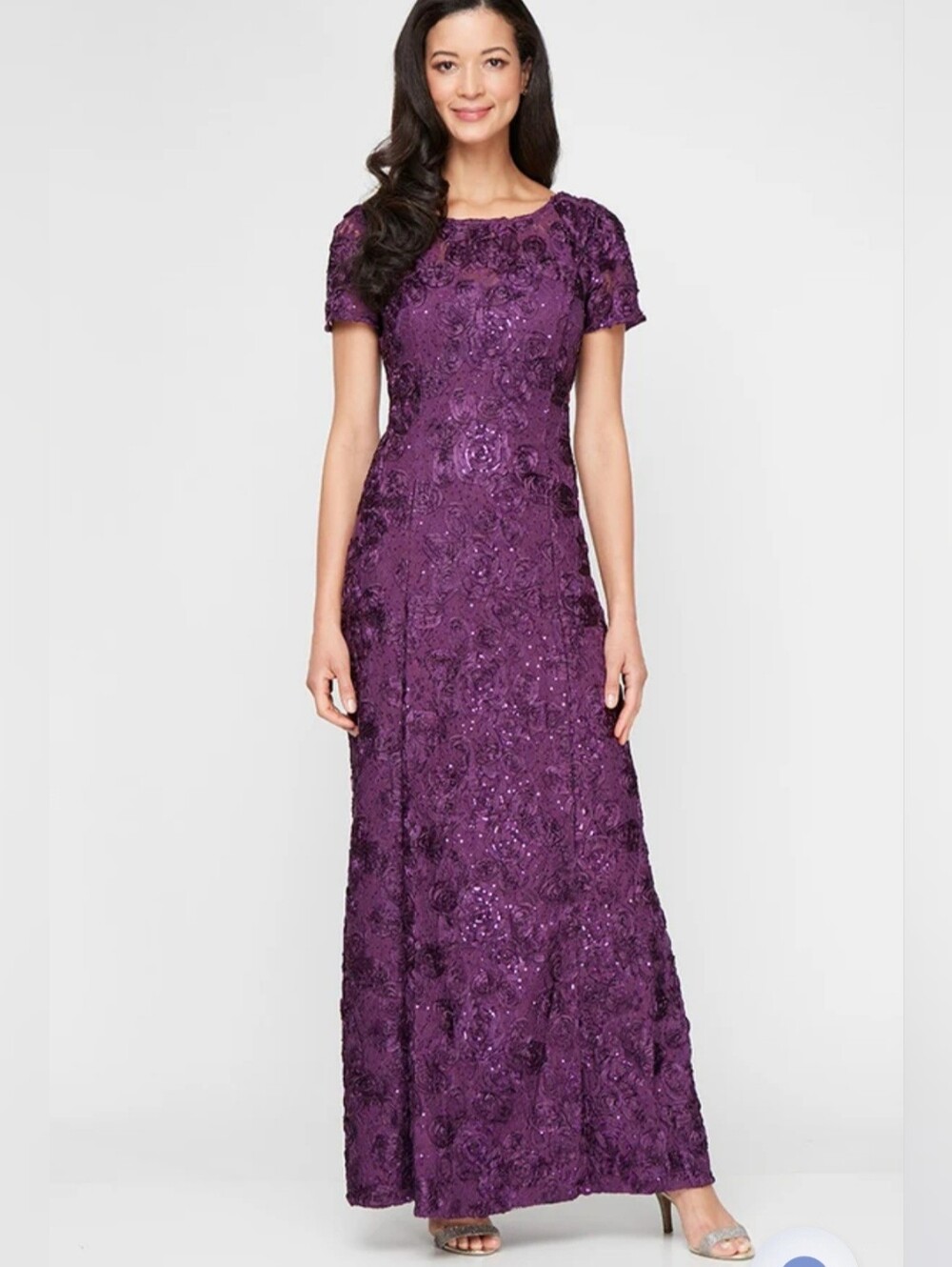 Alex Evenings Rosette Lace Sequin Evening Gown Eggplant Purple Size 16P